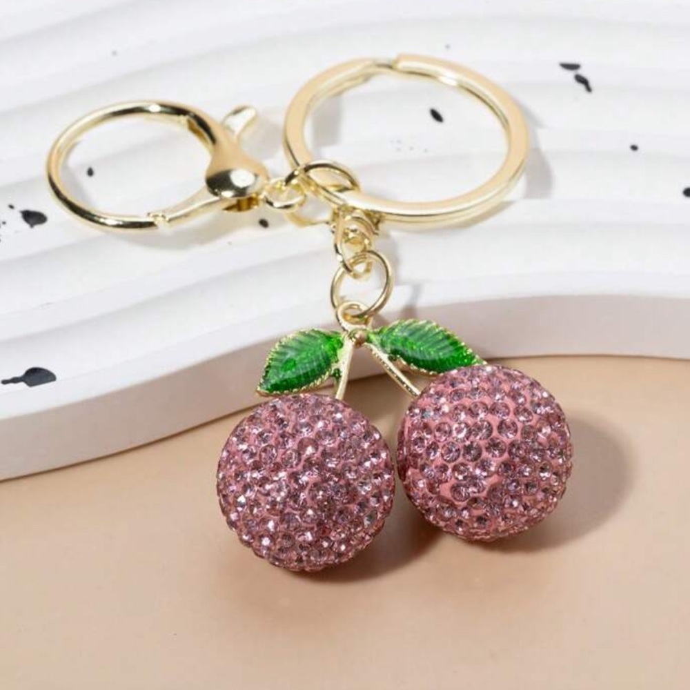 Rhinestone, pink cherry bag charm